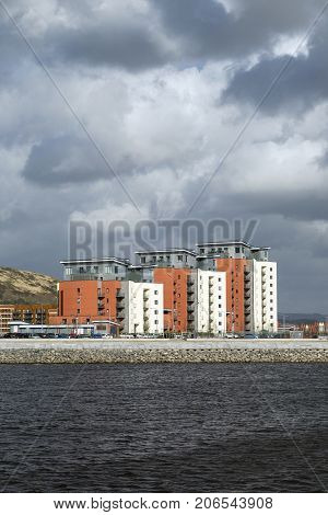 Swansea, UK: March 31, 2015: Dockland Apartment Buildings in the ongoing development at SA1, Swansea's Maritime Quarter.