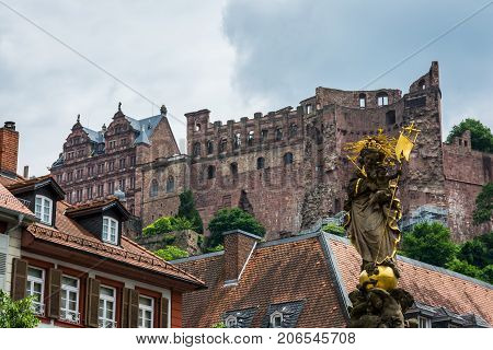 Heidelberg Kornmarkt Statue Castle From City Center Marketplace