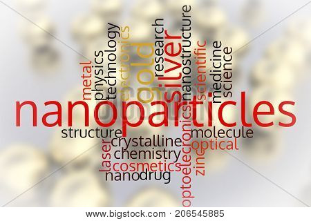 Nanoparticles and nanotechnology concept, word cloud. 3D illustration
