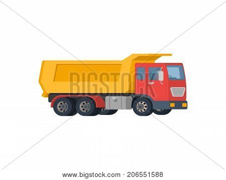 Yellow dump truck with red cabin isolated on white background