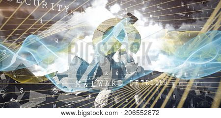 Composite image of blue and yellow wave against composite image of dollar sign on rocks