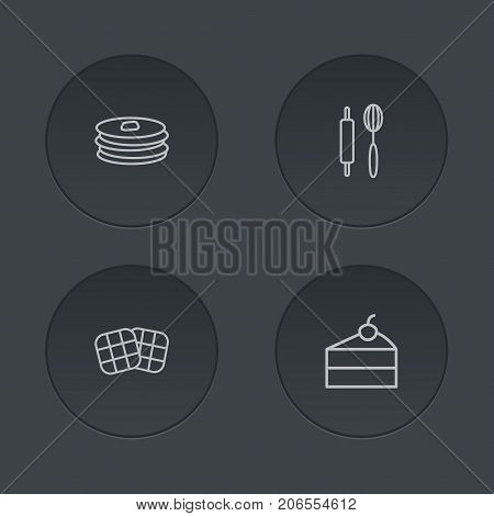 Collection Of Rolling Pin, Pancakes, Cheesecake And Other Elements.  Set Of 4 Cooking Outline Icons Set.