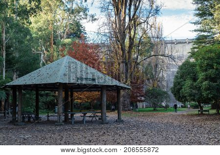 Healesville, Australia - May 13, 2017: picnic rotunda at Maroondah Reservoir in the Yarra Valley. Maroondah Reservoir is part of the Melbourne water supply.