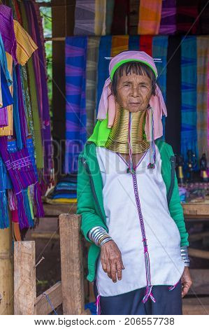 KAYAN STATE MYANMAR - SEP 09 : Portrait of Kayan tribe woman in Kayan state Myanmar on September 09 2017 Kayan tribe woman are well known for wearing neck rings.