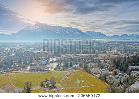 View from Hohensalzburg Castle in winter. Salzburg, Austria.
