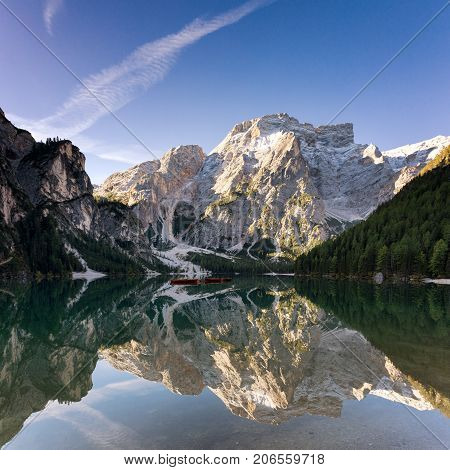 Seekofel reflecting at Lake Prags South Tyrol Italy