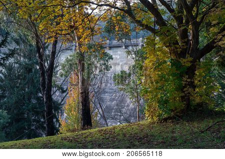 Dam wall of the Maroondah Reservoir outside Healesville in the Yarra Valley in Australia.