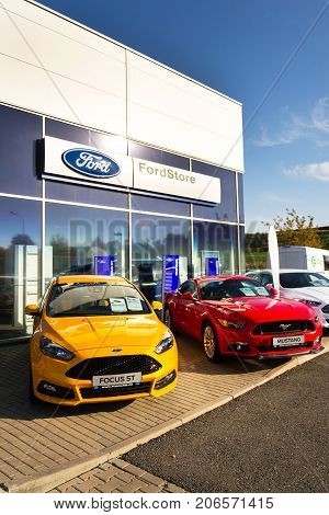 Prague, Czech Republic - September 29: Cars In Front Of Ford Motor Company Dealership Building On Se