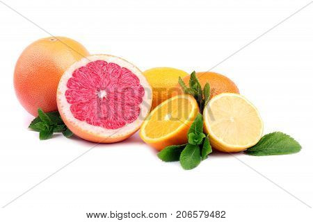 Perfect, ripe, juicy, fresh citrus fruits. Tropical, organic and exotic lemons, grapefruits and oranges with bright green leaves of mint, isolated on a white background. Multi-coloured fruits.