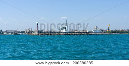 BURGAS BULGARIA - AUGUST 20 2017: Lighthouse control tower of the seaport of Burgas. Burgas is the second largest city on the Bulgarian Black Sea Coast.