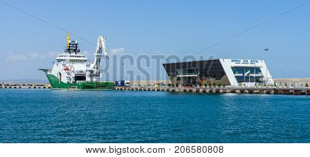 BURGAS BULGARIA - AUGUST 20 2017: Passenger terminal control tower of the seaport of Burgas. Burgas is the second largest city on the Bulgarian Black Sea Coast.