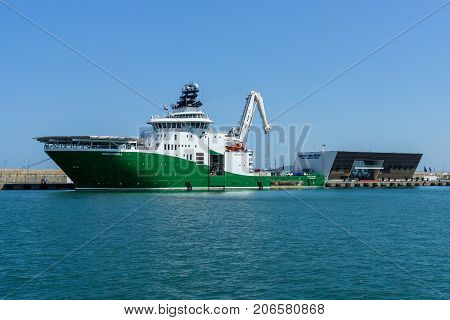 BURGAS BULGARIA - AUGUST 20 2017: An Inspection Maintenance and Repair (IMR) vessel Havila Subsea (Offshore Supply Ship) in the seaport of Burgas.