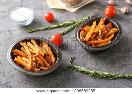 Sweet potato fries on table