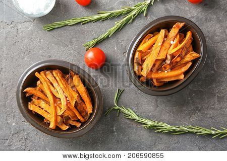 Sweet potato fries on table