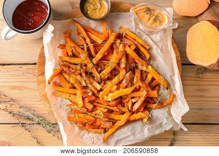 Sweet potato fries on table