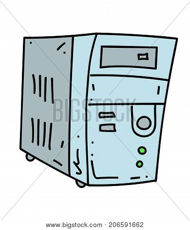 Old computer cartoon hand drawn image. Original colorful artwork, comic childish style drawing.