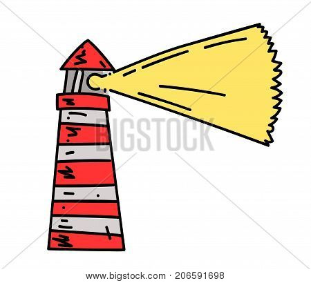 Lighthouse cartoon hand drawn image. Original colorful artwork, comic childish style drawing.