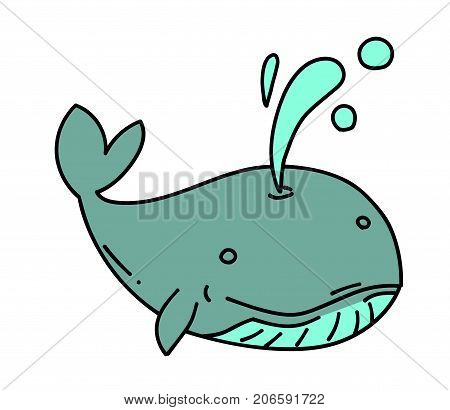 Whale cartoon hand drawn image. Original colorful artwork, comic childish style drawing.