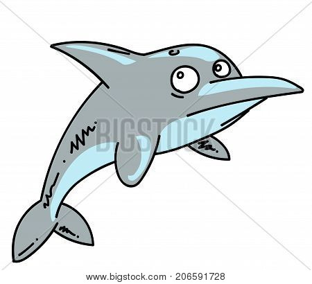 Dolphin cartoon hand drawn image. Original colorful artwork, comic childish style drawing.