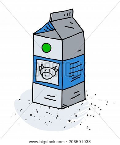 Milk carton hand drawn image. Original colorful artwork, comic childish style drawing.