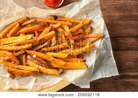 Sweet potato fries on table