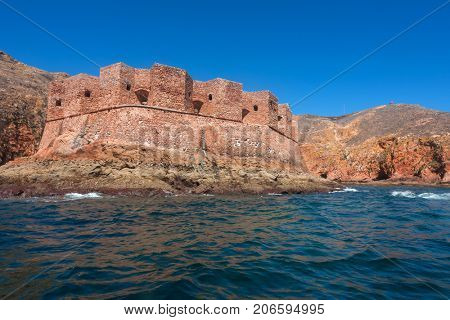 Fort of Sao Joao Baptista in Berlenga island, Portugal, view from the sea.