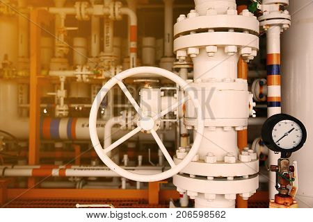 Valves manual in the production process. Production process used manual valve to control the system, Operator open and close or function the valve for controlled pressure or gas and oil flow rate.