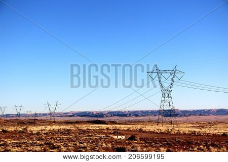 Beautiful Yellow Weeds Field Scenery With Electric Tower In Nevada, Route 66 In Usa