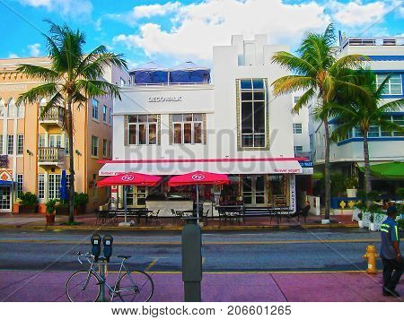 Miami, USA - January 01, 2014: The hotels in the touristic avenue Ocean Drive, Miami Beach, Florida on January 01, 2014
