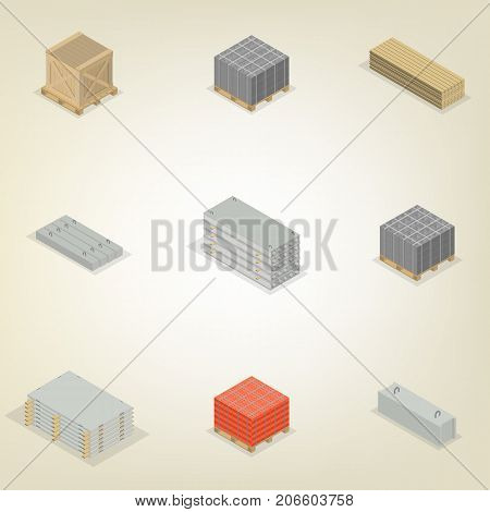 Set of different building materials isolated on white background. Brick cinder block wood and iron concrete products. Flat 3d isometric style vector illustration.
