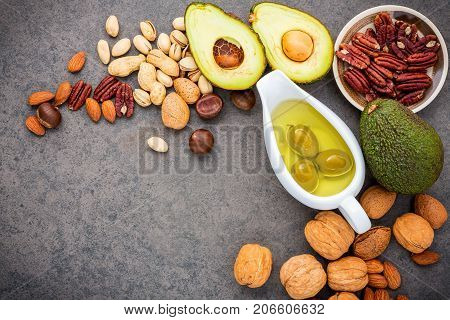 Selection Food Sources Of Omega 3 And Unsaturated Fats. Superfood High Vitamin E And Dietary Fiber F