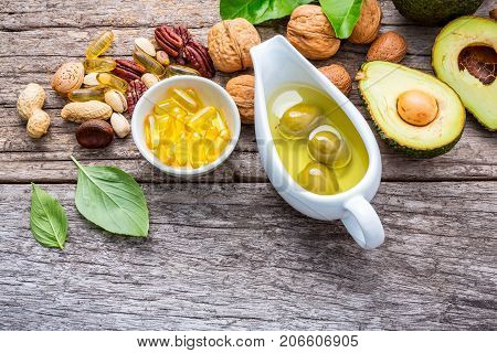 Selection Food Sources Of Omega 3 And Unsaturated Fats. Superfood High Vitamin E And Dietary Fiber F