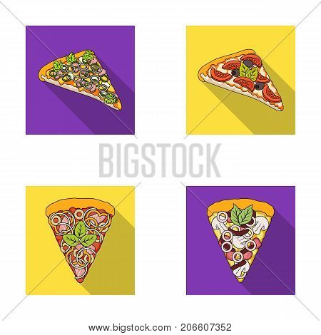 A slice of pizza with different ingredients. Different pizza set collection icons in flat style vector symbol stock illustration .