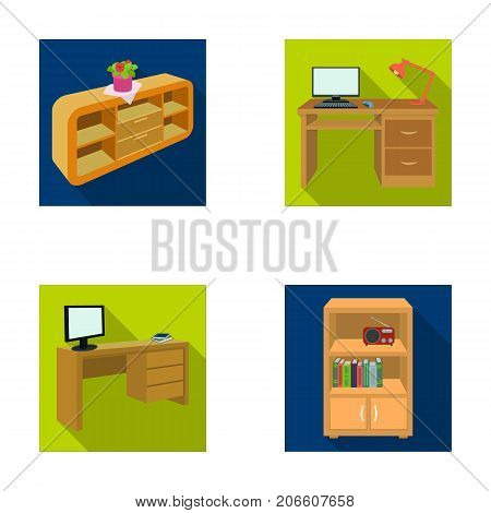 A shelf with a flower, a desk with a computer and a lamp, a table with a monitor and a book, a cabinet with documents and a radio.Furniture and interior set collection icons in flat style isometric vector symbol stock illustration .