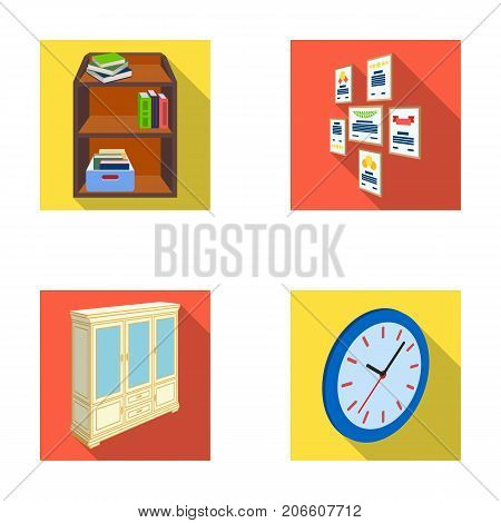 Cabinet, shelving with books and documents, frames on the wall, round clocks. Office interior set collection icons in flat style isometric vector symbol stock illustration .