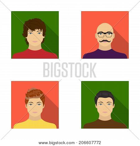 The appearance of the young guy, the face of a bald man with a mustache in his glasses. Face and appearance set collection icons in flat style vector symbol stock illustration .