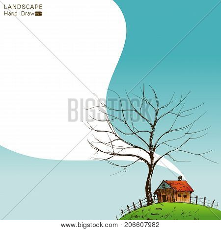 stylized landscape with a house on the hill Hand drawn stylevector background illustration