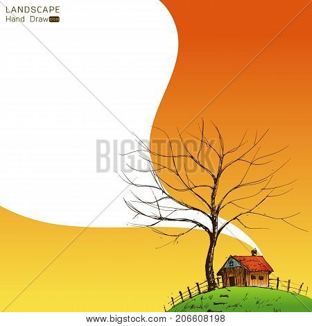 stylized landscape with a house on the hill Hand drawn stylevector background illustration