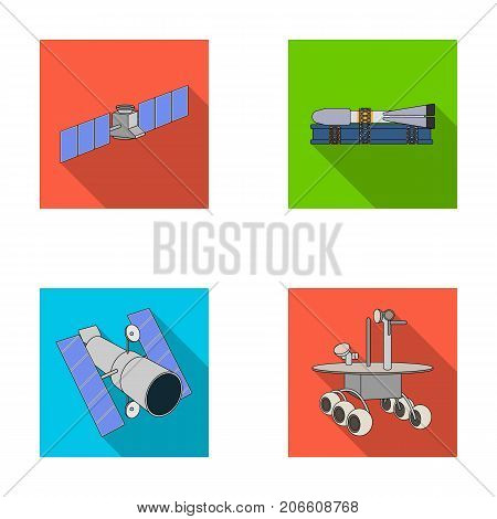 The space station in orbit, the preparation of the launch rocket, the lunar rover on the surface. Space technology set collection icons in flat style vector symbol stock illustration .