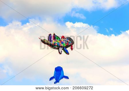 Colorful Kite Free To Fly In The Clear Sky, A Beautiful Summer Day,