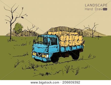 Farm tractor with wagons transporting hay Hand drawn styleVector illustration