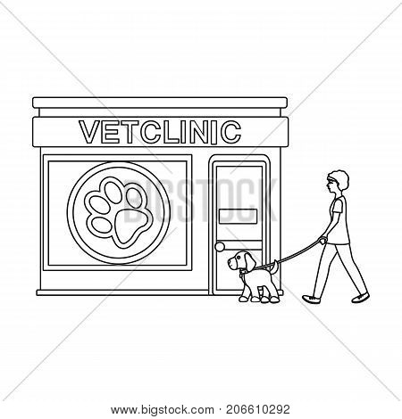 Visiting the vet clinic, the pet, dog on a leash with the hostess. Pet, dog care single icon in outline style vector symbol stock illustration .
