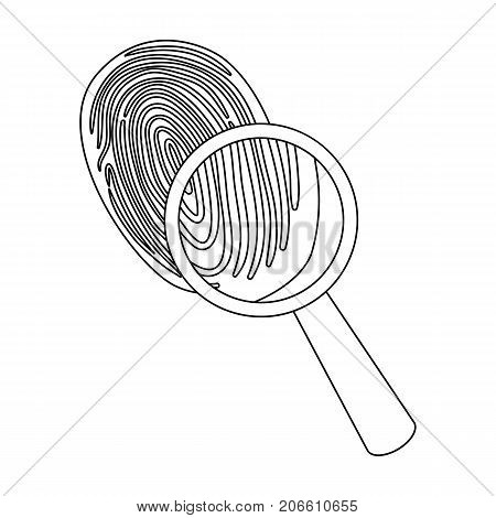Investigation by fingerprint magnifier, crime. Loupe is a detective tool, single icon in outline style vector symbol stock illustration .