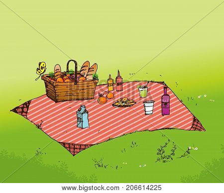 Outdoor picnic in park Hand drawn stylevector background illustration