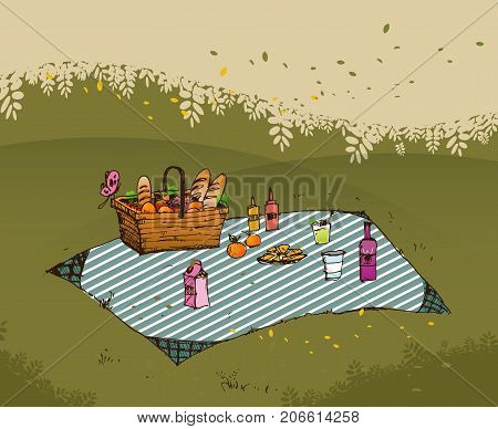 Outdoor picnic in park Hand drawn stylevector background illustration