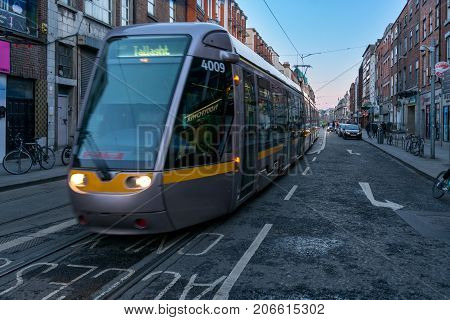 Dublin, Ireland - 14 Jan 2017: Luas tram rail system in Dublin, Ireland. It is a major part of the National Transport