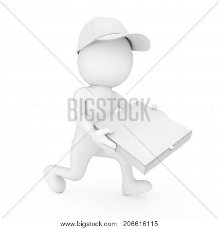 Pizza Delivery Concept. 3d Character Pizza Dealer with Pizza Box in Hands Runs to Hurry to Deliver a Pizza on a white background. 3d Rendering