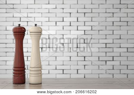 Wooden Perrer or Salt Grinder Mills in front of brick wall on a wooden table. 3d Rendering