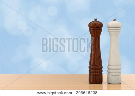 Wooden Perrer or Salt Grinder Mills in front of blue wall on a wooden table. 3d Rendering