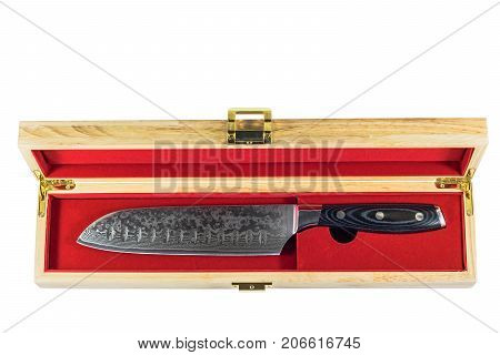 Santoku knife in a wooden box isolated on white background